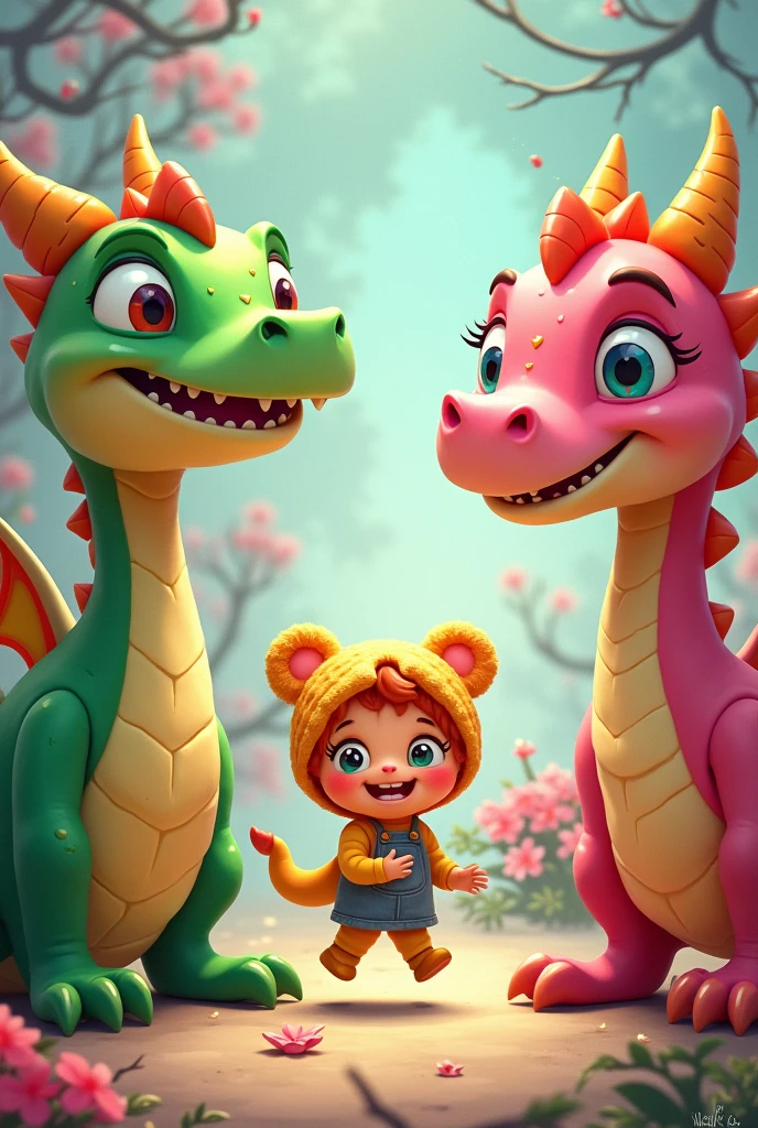 Green dragon cartoon with pink dragon. I want a doll holding a teddy bear. A teddy bear is a running doll.