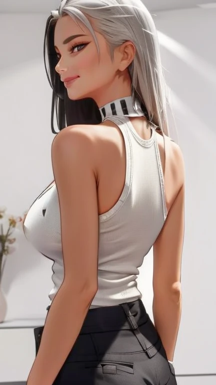 (masterpiece, best quality), mature female, silver hair, silver eyes, sharp jawline, sweater, long hair, hair over one eye, upper body, large breasts, close up, smirk, tank top, black pant, back shot
