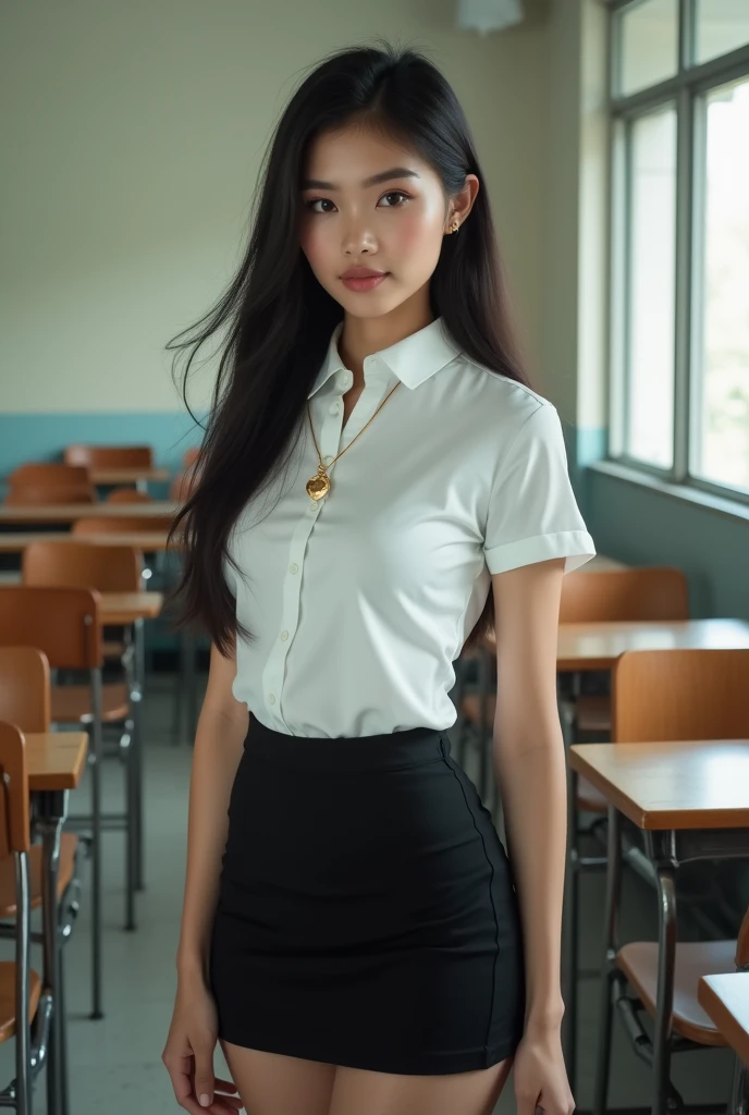 Beautiful girl with smooth skin, black hair, dark eyeshadow, gold pendant (beautiful bra, wearing a Thai student uniform, a white short-sleeved shirt, a black short skirt, a tight fit, standing and posing in a classroom. The background is a classroom, student desks and chairs. The most realistic picture.