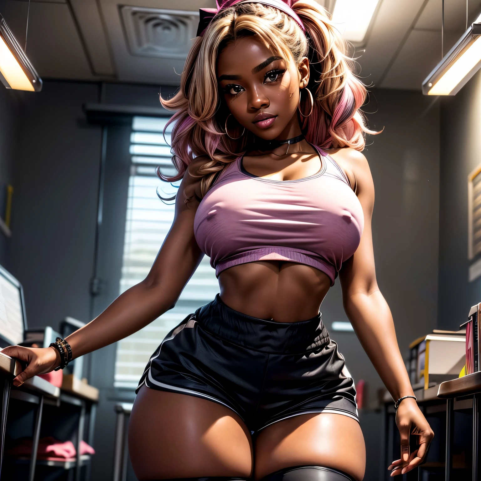 Highest Quality, masterpiece, beautifully detailed eyes, (dark skin), short Blonde Hair, Gradient Hair, pink highlights in hair, large breasts, wariza, makeup, glossy lips, full lips, classroom, cheerleader, light smile, midriff, collarbone, thigh highs, miniskirt, thick thighs, (large breasts), Masterpiece, high quality, high resolution, volumetric lighting, subsurface scattering, 8k, Beautiful woman, (dark skin), phillipino, college student, uniform, (round-butt), (large breasts), (tight-blouse), (cotton-shorts:1.2), wavy hair, headband, hoope earings, in mad doctor's room, sexy pose, seductive pose, thick thigh