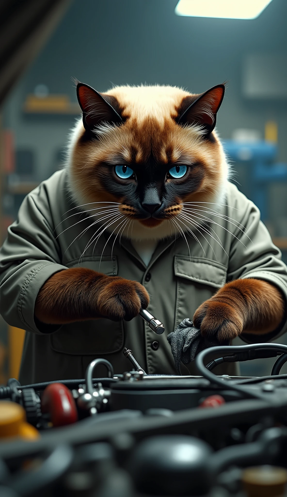 photorealistic, 8k, siamese cat, giant fat cat, mechanic's uniform, working on fixing car, using tiny tools, wiping paws with cloth, hyperrealistic, extremely detailed, intricate details, sharp focus, cinematic lighting, dramatic shadows, vibrant colors, realistic textures, masterpiece