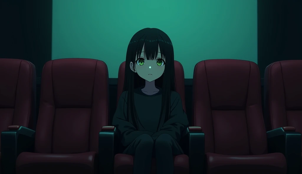 anime 143 cm tall girl with long black hair with straight bangs, sitting at a cinema with dim lighting, wearing black long pants and a black jacket, The point of view is from the front, heterochromia; the right eye is brown and the left eye is green, above her right eyes is a thread of bangs colored green, blank stare, looking up, alone.