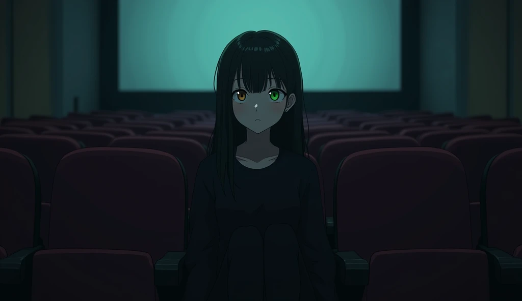 anime 143 cm tall  girl with long black hair with straight bangs, sitting at a cinema with dim lighting, wearing black long pants and a black jacket, The point of view is from the front, heterochromia; the right eye is brown and the left eye is green, above her right eyes is a thread of bangs colored green, blank stare, looking up, alone.