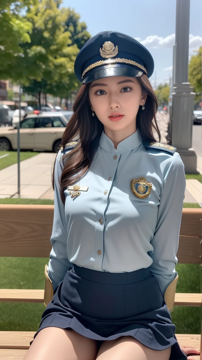 ((Policewoman sitting on a park bench)),Highest quality work,Live-action work,Ultra Premium Graphics,8K HD CG Works,High Quality Graphics,High-definition CG works,10x pixels,Ultra-fine detail:1.1,High level of technical detail:1.1 Photorealistic,Natural light:1.5. Lighting Effects(Virtual Lighting Effects:1. 8)、(Golden White Shorthair)、(Bob Hair)、Thin eyebrows、High nose、Nice red lips、Rose Cheek、Casual makeup face、Cute Face、Perfectly balanced face、Light-toned foundation。 A foundation that enhances the transparency of your skin。 ((female officer:1.5)),((Navy blue jacket with emblem on chest)),((Semi-transparent light blue blouse)),((Navy blue flared mini skirt))。(Lift-up skirt),((White panties are visible))、40k, photograph, On the table, Highest quality, Rain Background, ((1.A girl with beautiful eyes and light hair, White skin, Mr.A Pose.((Medium chest::1.1)), Highest quality, On the table, Ultra-high resolution, (Real::1.4), RAWphotograph, (Perfect figure)