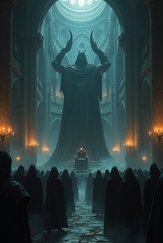 20 players in a hall of a big dark theme castle looking at the thrown of the devil 