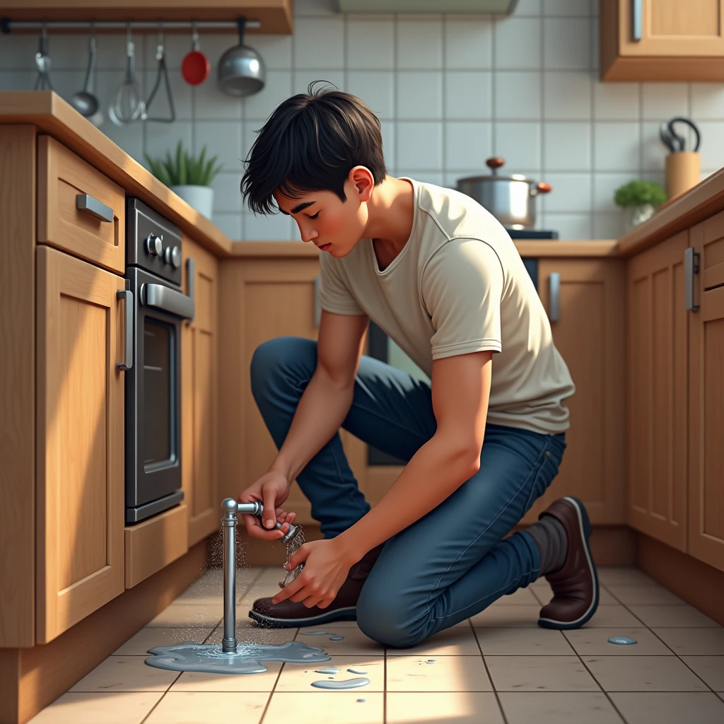 ayoung man(realistic human),fixing leakage from pipe, in kitchen