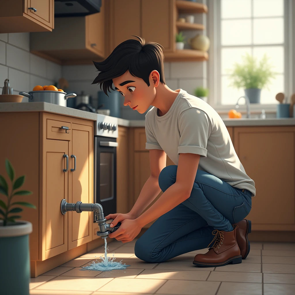 ayoung man(realistic human),fixing leakage from pipe, in kitchen