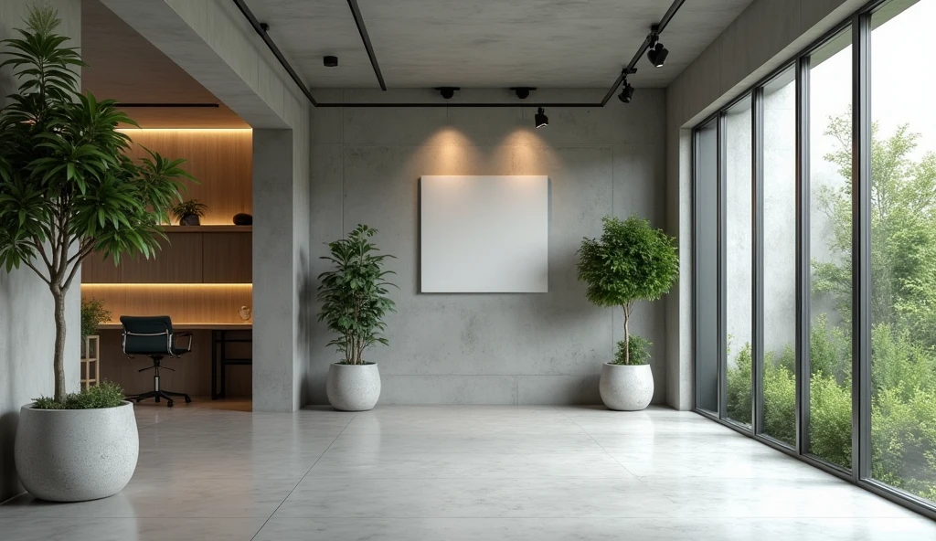 High-quality photograph of a web development studio with a modern minimalist design. The interior includes concrete, tree and plants. 