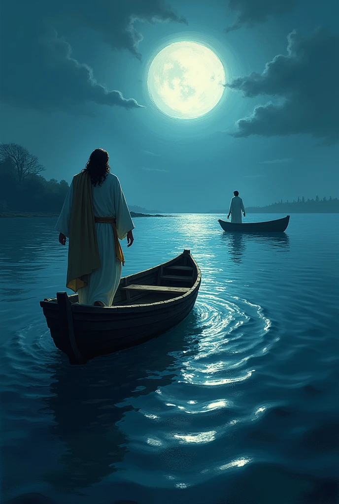 Create a drawing illustration of Peter getting out of the boat and going to meet Jesus on the water