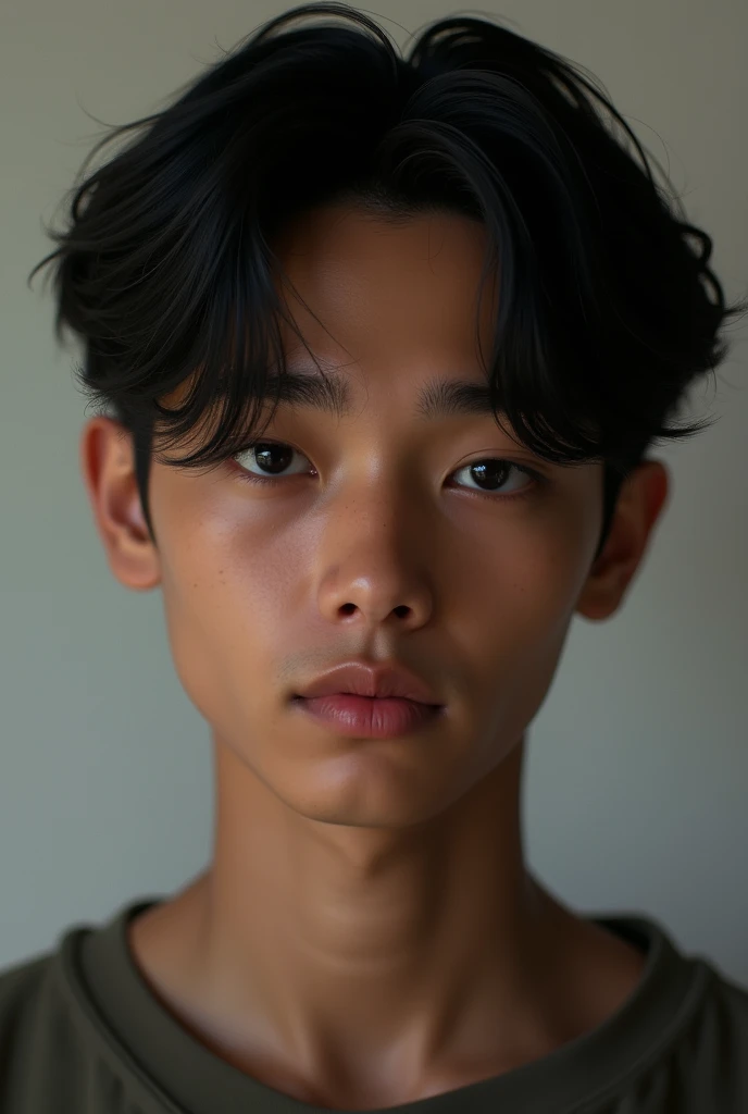 A dark-skinned ager with Asian eyes and combed hair with a beauty mark on the side of his mouth