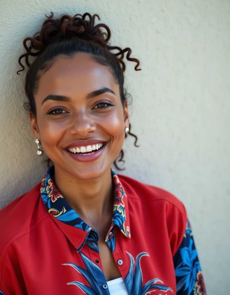 A Brazilian woman in a lush tropical garden, wearing an open shirt with a floral print, with a close-up capturing the harmonious beauty between her breasts and the natural flowers, showing off your natural charm and outgoing personality.