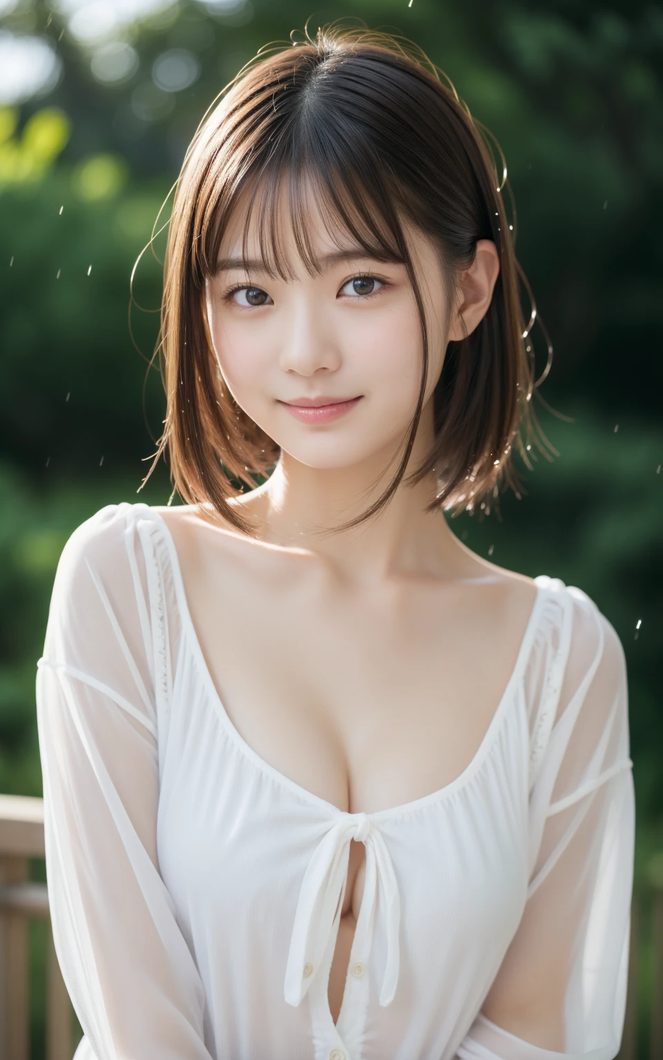 （8k、live-action、Raw photo、Highest quality、masterpiece：1.2),(Outdoor,getting wet from rain),((Perfect lighting)),(濡れたhair),Watching the audience,Pose for the camera, smile,18-year-old,student,White skin,knees,Small Face,前hairを真ん中から分けます、The forehead is visible,skinny,skinny)、masterpiece,Highest quality、超A high resolution,One person, solo,Close-up shot、cute、Back to Students,(White blouse:1.3),High school student,Japanese women,（フォトReal：1.37）、Photon Mapping,Realistic、cuteSmall Face,Brown eyes、prospect、Depth of written boundary、Blurred Background、Real,(前hairが見える), hair, kneesが見える, thigh,(Nogizaka Idol), actress、Big and ample breasts、Cleavage、Super fine、Low people、(Skin with visible pores:1.2)、(Focus on the face)、Natural neck、Check and correct the skeleton