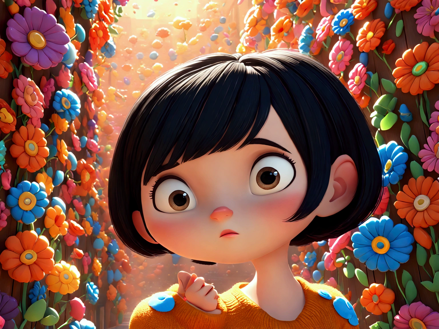 Cartoon, 3D, Style Pixar, Woman, ((((very short black hair)))), eyes browns rounded and large
