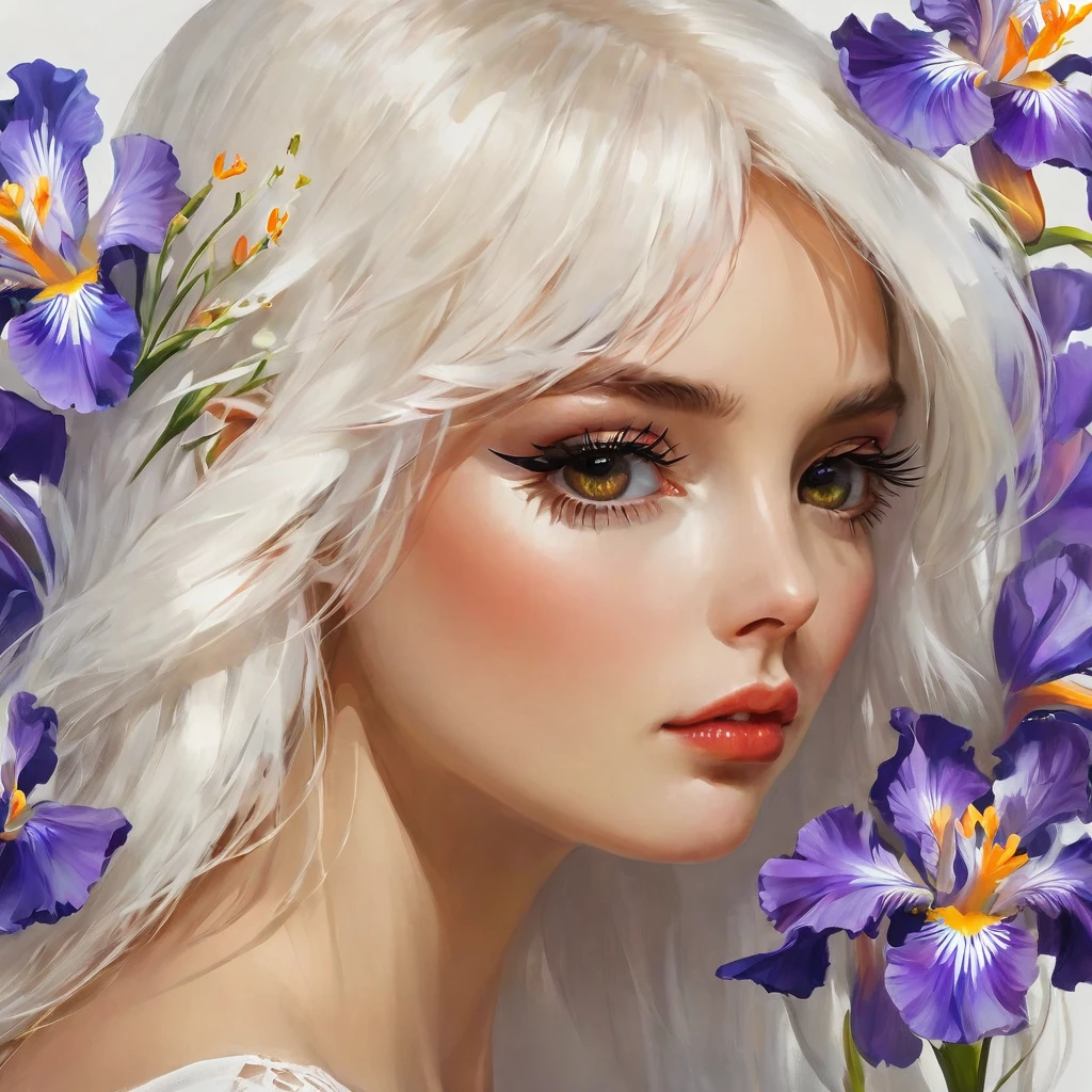 highest quality, masterpiece, surreal), Portrait of a beautiful and delicate profile girl, Playful and cute, Petals are floating in the background,Beautiful iris flowers,white hair