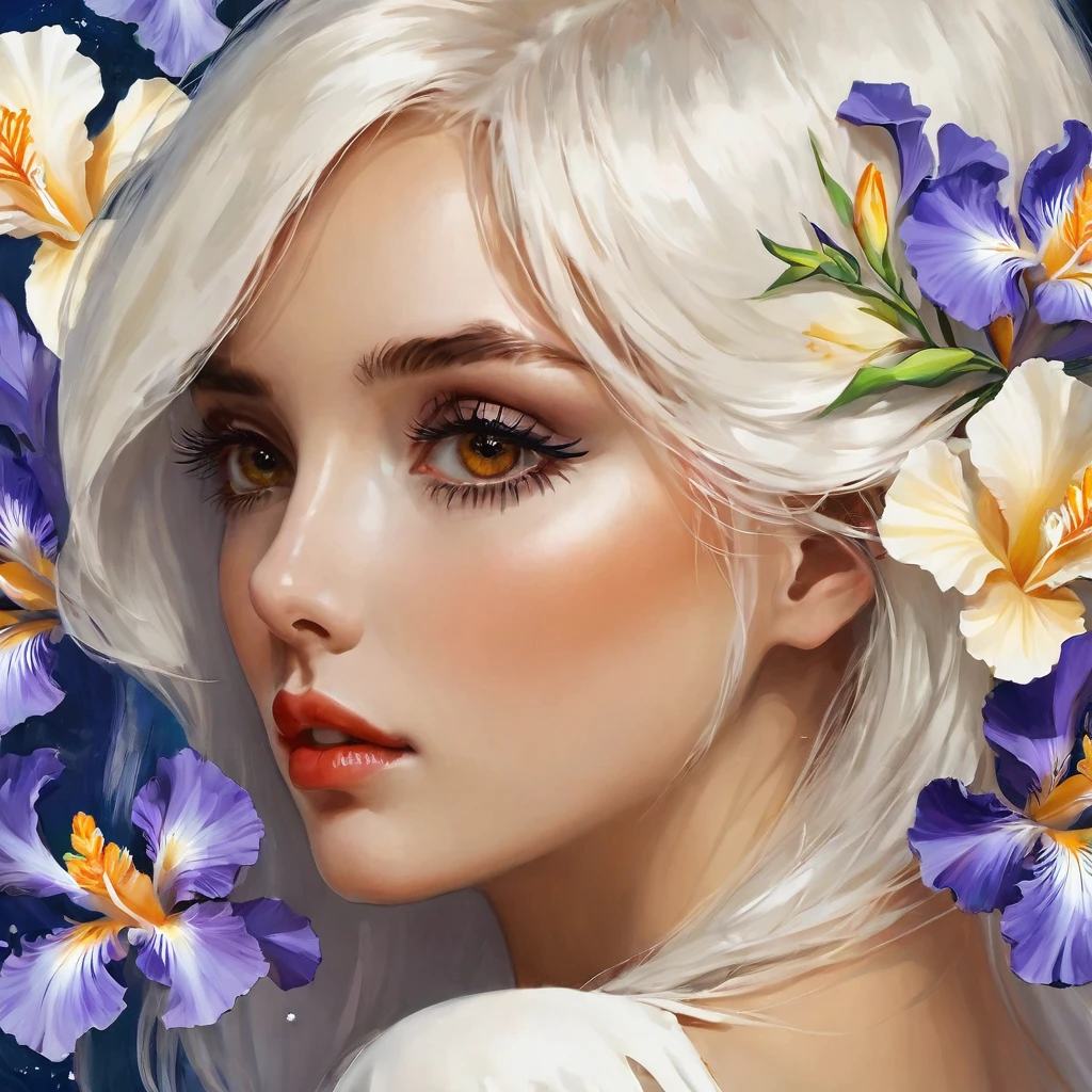 highest quality, masterpiece, surreal), Portrait of a beautiful and delicate profile girl, Playful and cute, Petals are floating in the background,Beautiful iris flowers,white hair