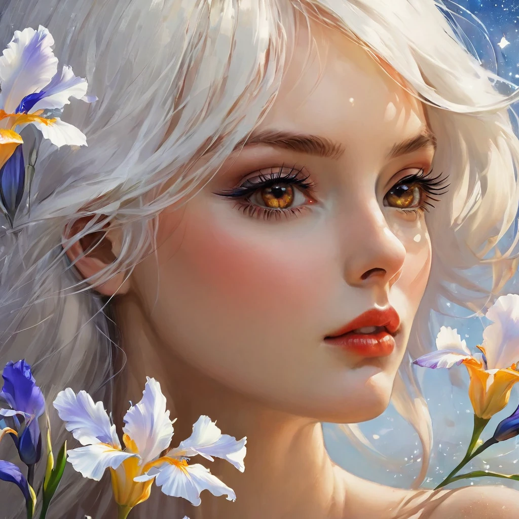 highest quality, masterpiece, surreal), Portrait of a beautiful and delicate profile girl, Playful and cute, Petals are floating in the background,Beautiful iris flowers,white hair
