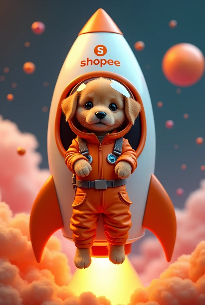 Shopee Written Rocket with a caramel puppy inside the rocket wearing an orange astronaut suit