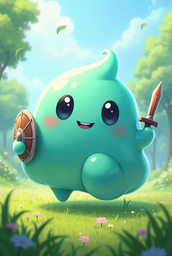 Big slime、Loose、light blue、Puyo Puyo、grassland、Bouncing、equip sword and shield、Big Eyes