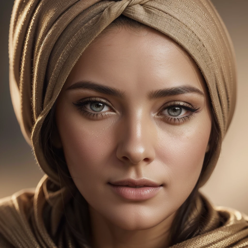 a woman in her 40s, brunette hair, hazel eyes, slightly wrinkled face, wearing a modern hijab, innocent and naive expression, excited and attractive, hijab, turban, high-libido, black eyebrows, a mother, mature and graceful, (best quality,4k,8k,highres,masterpiece:1.2),ultra-detailed,(realistic,photorealistic,photo-realistic:1.37),highly detailed face and portrait,beautiful detailed eyes,beautiful detailed lips,extremely detailed eyes and face,longeyelashes,elegant pose,warm lighting,cinematic color palette,intricate details,photorealistic,oil painting,portrait
