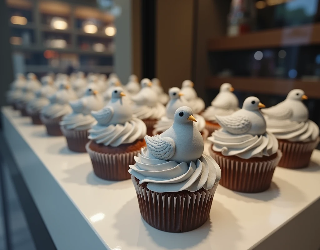 ((Highest quality)), ((masterpiece)), (detailed), A display window is lined with realistic grey dove-shaped cupcakes., photorealistic, realistic photo, from movie stills