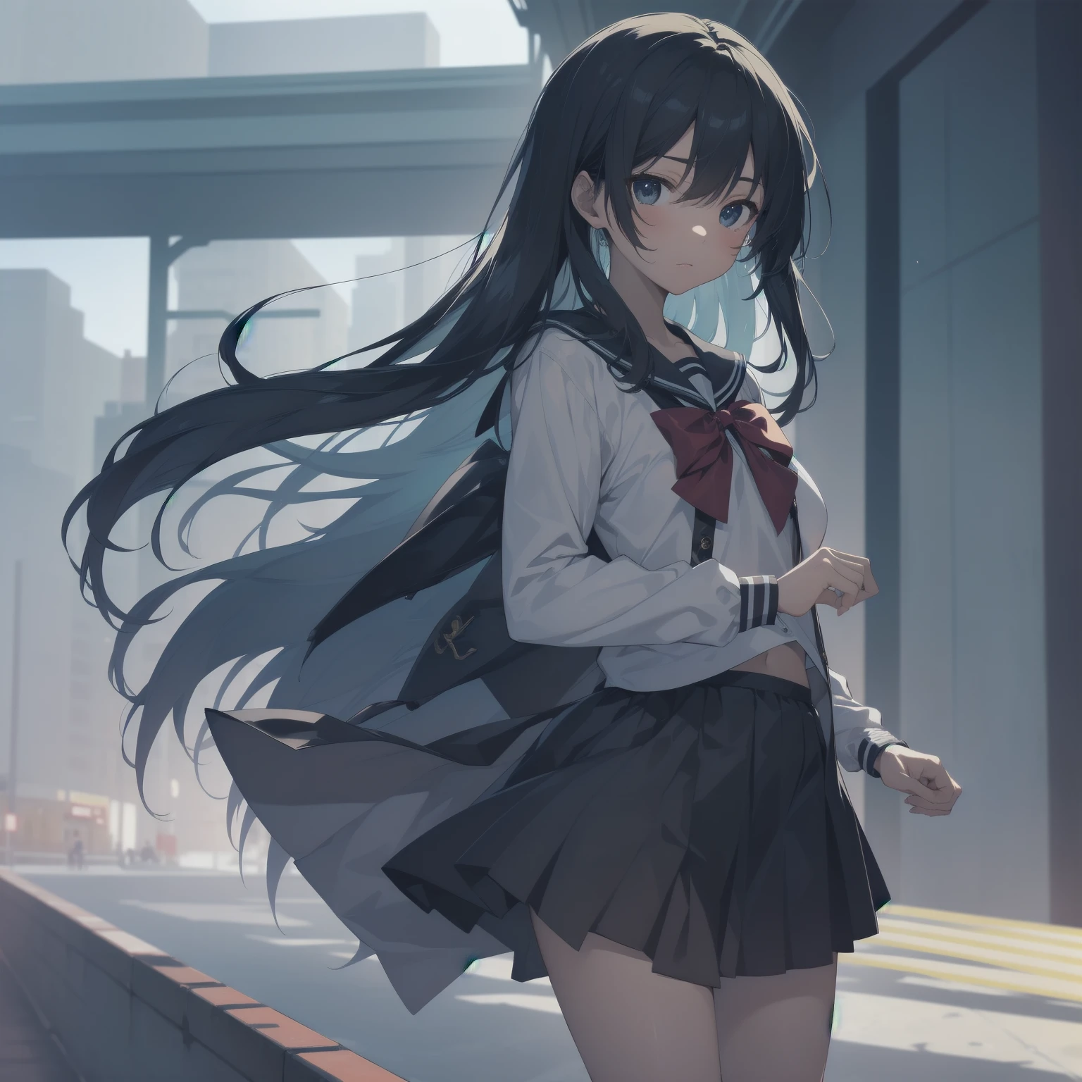 ultra-absurdres-Top quality by artist God, ultra-detailed, high resolution, anime moe artstyle, best anime 8k konachan wallpaper, pixiv contest winner, pool:2810, perfect anatomy,break, 1girl, (Please draw a girl walking sleepily to school alone. )break,(Solo,little female, 13-year-old:1.3),Full limbs, complete fingers,a junior high school student, (very short hair), short cut, flat chest, , small butt, small black eyes, beautiful detailed eyes, well-proportioned iris and pupils, expressive eyes, highres detailed hair, soft expression, salor school_uniform, sailor collar, serahuku, bow, pleated skirt,(Detailed Lighting), (Detailed background), in the School commute route. break,super detailed skin, Best cinematic lighting powered by famous artist, 8k,beauty illustration,photoshop_(medium),very aesthetic,break,((artist:shimazaki_mujirushi )), artist:clamp ,artist:carnelian ,artist:kantoku ,
