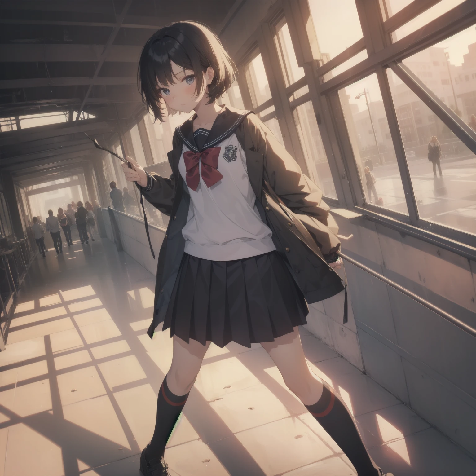 ultra-absurdres-Top quality by artist God, ultra-detailed, high resolution, anime moe artstyle, best anime 8k konachan wallpaper, pixiv contest winner, pool:2810, perfect anatomy,break, 1girl, (Please draw a girl walking sleepily to school alone. )break,(Solo,little female, 13-year-old:1.3),Full limbs, complete fingers,a junior high school student, (very short hair), short cut, flat chest, , small butt, small black eyes, beautiful detailed eyes, well-proportioned iris and pupils, expressive eyes, highres detailed hair, soft expression, salor school_uniform, sailor collar, serahuku, bow, pleated skirt,(Detailed Lighting), (Detailed background), in the School commute route. break,super detailed skin, Best cinematic lighting powered by famous artist, 8k,beauty illustration,photoshop_(medium),very aesthetic,break,((artist:shimazaki_mujirushi )), artist:clamp ,artist:carnelian ,artist:kantoku ,
