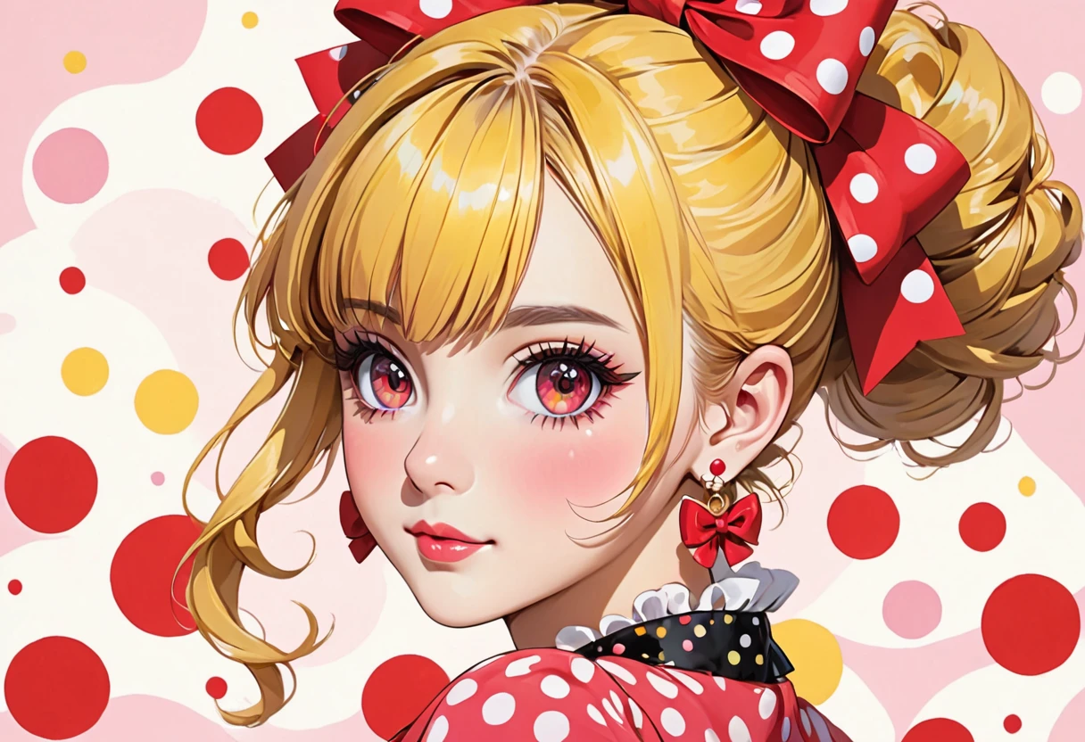 a drawing of a young woman with large red polka dots and big red bows, 1girl, solo, earrings, jewelry, yellow hair,pink eyes , repolka dot, bow, looking at viewer, hair bun