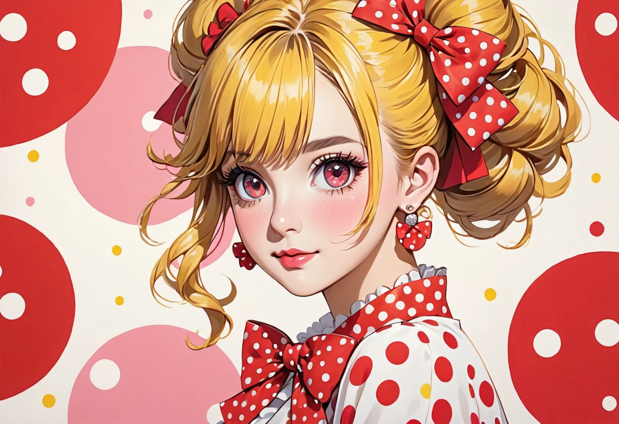 a drawing of a young woman with large red polka dots and big red bows, 1girl, solo, earrings, jewelry, yellow hair,pink eyes , repolka dot, bow, looking at viewer, hair bun