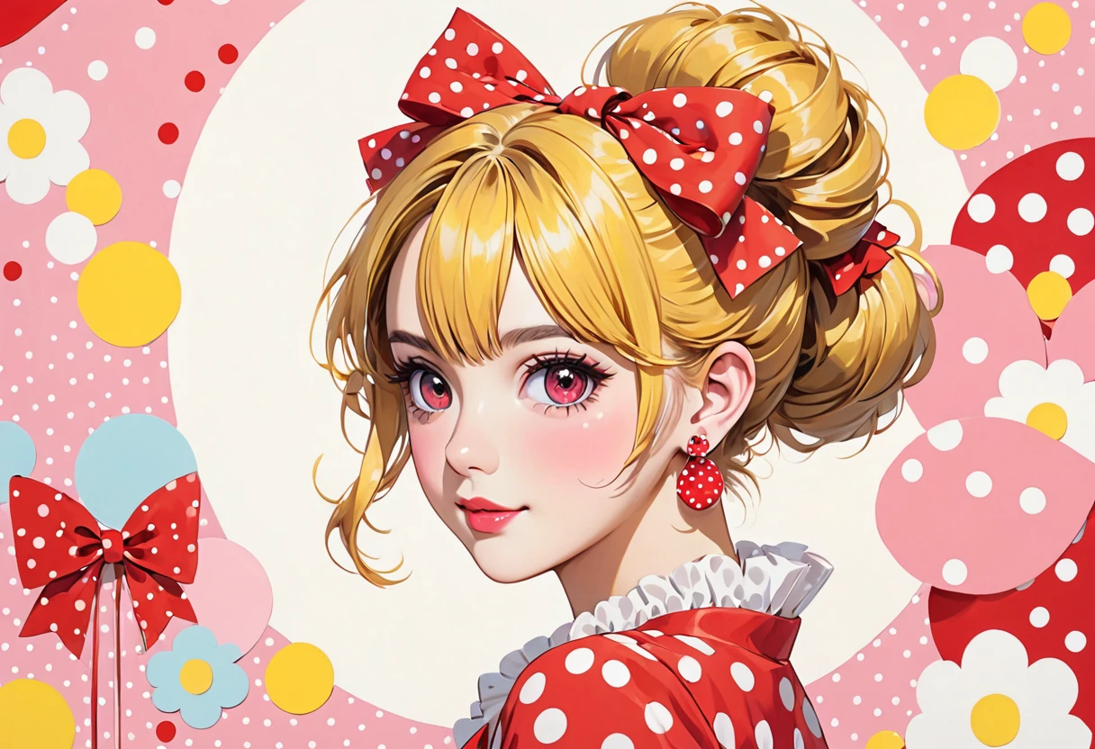a drawing of a young woman with large red polka dots and big red bows, 1girl, solo, earrings, jewelry, yellow hair,pink eyes , repolka dot, bow, looking at viewer, hair bun