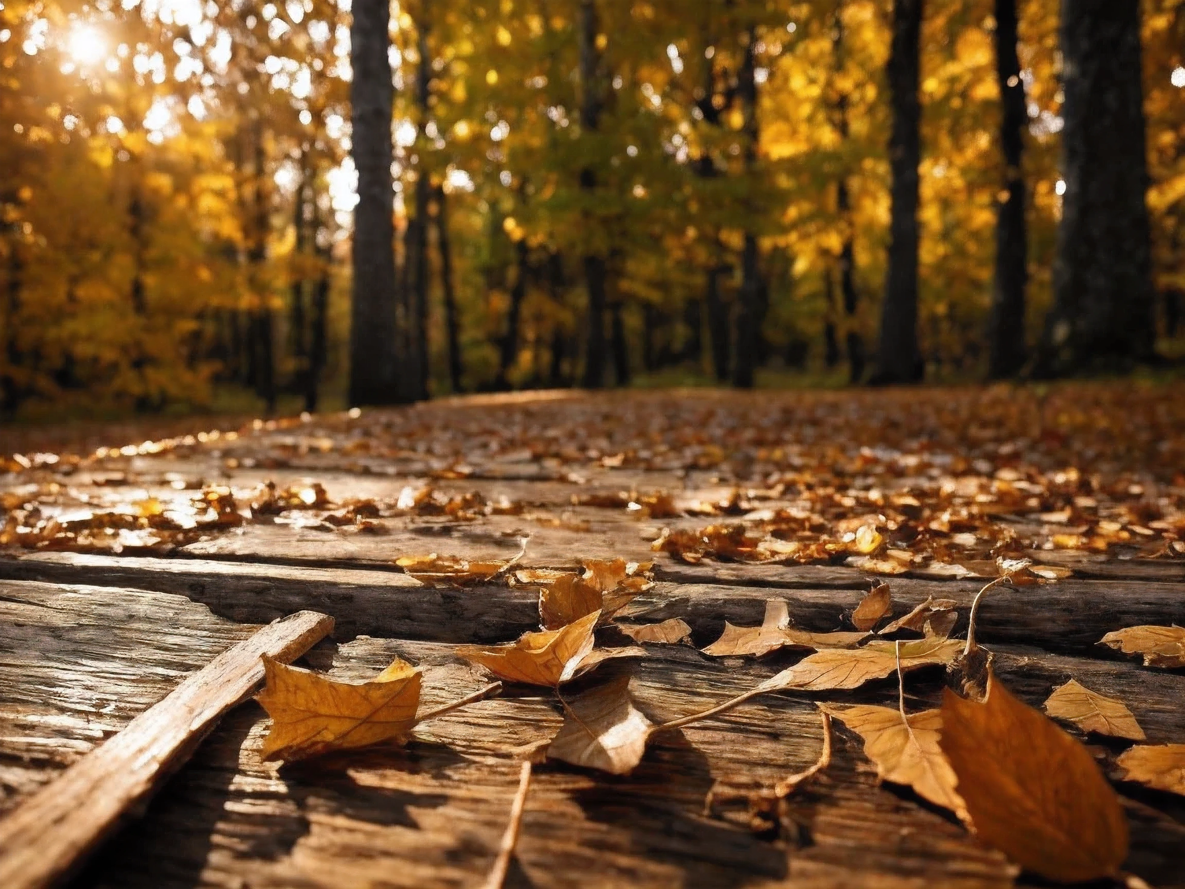 Highest quality,4K,8k,High resolution,masterpiece:1.2,Very detailed,Realist,fotorRealist:1.37 A close-up of a rustic table that symbolizes autumn,Autumn atmosphere,wood々Depth bokeh,Fallen leaves in the background,Fallen leaves on soft soil,Filtered natural light,Warm Gold、Subtle bokeh effect,Part of the background is blurred. Table texture details.,Deep autumnal colors with attention to detail, Emphasise the warmth and comfort of the scene