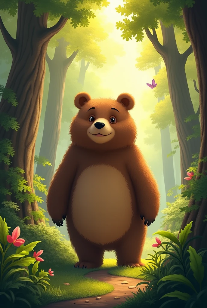 Create an image featuring a large, friendly bear standing in the middle of a lush forest. The bear should have big, soft, and fuzzy hair that looks inviting and warm. It’s surrounded by tall trees, with sunlight filtering through the leaves, casting a warm, golden glow on the scene. The bear should have a curious and gentle expression, as if it’s just been discovered by the viewer. The forest around the bear should be rich with greenery, with details like ferns, bushes, and perhaps some colorful flowers or butterflies, adding to the enchanting and welcoming atmosphere.