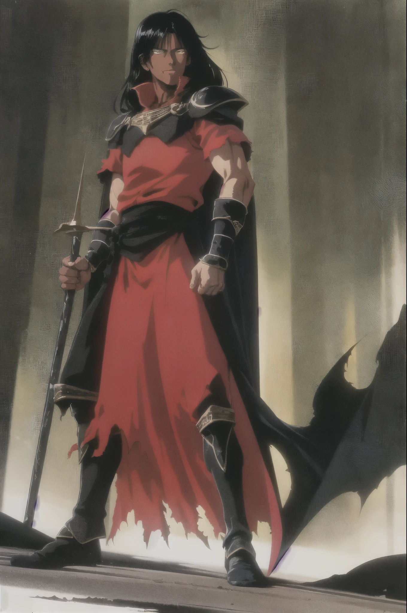 1 Dark-skinned man with yellow eyes, black long hair wearing black armor with black hair on his shoulders and a torn cape, walking in a dark forest with a red sword in his hand 1980s \(style\), full body, (Highest quality,Ultra-high resolution)