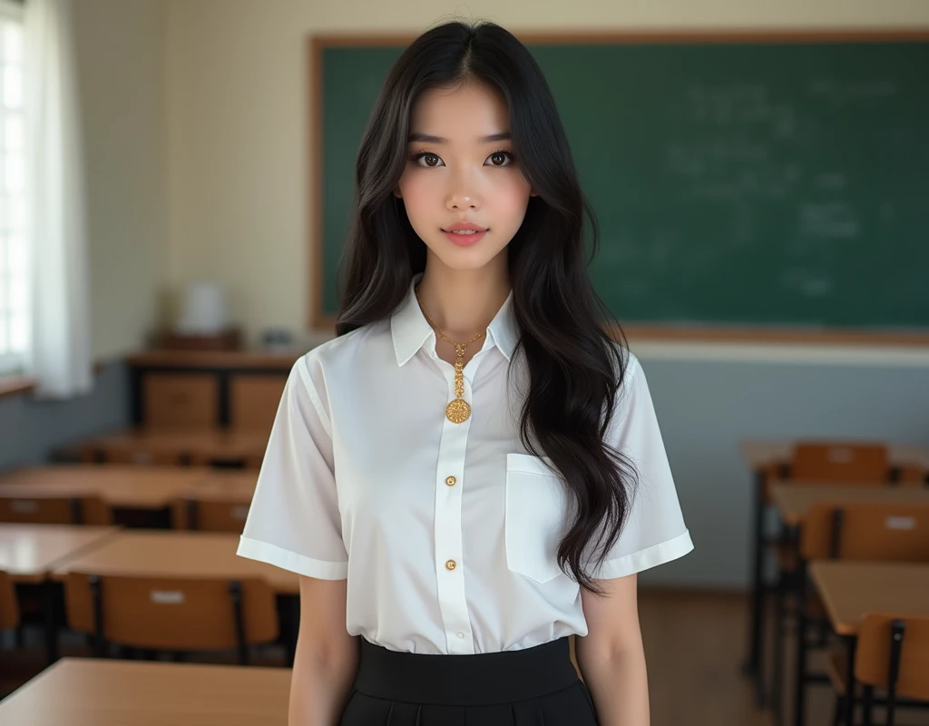 Beautiful girl with smooth skin, black hair, dark eyeshadow, gold pendant (beautiful bra, wearing a Thai student uniform, a white short-sleeved shirt, a black short skirt, a tight fit, standing and posing in a classroom. The background is a classroom, student desks and chairs. The most realistic picture.