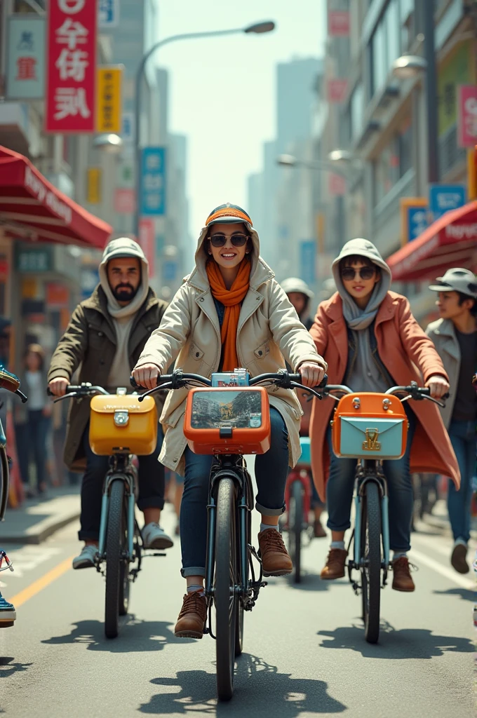 Wise shoppers, riding in tiktok bicycle, with stuff of shoppe and lazada