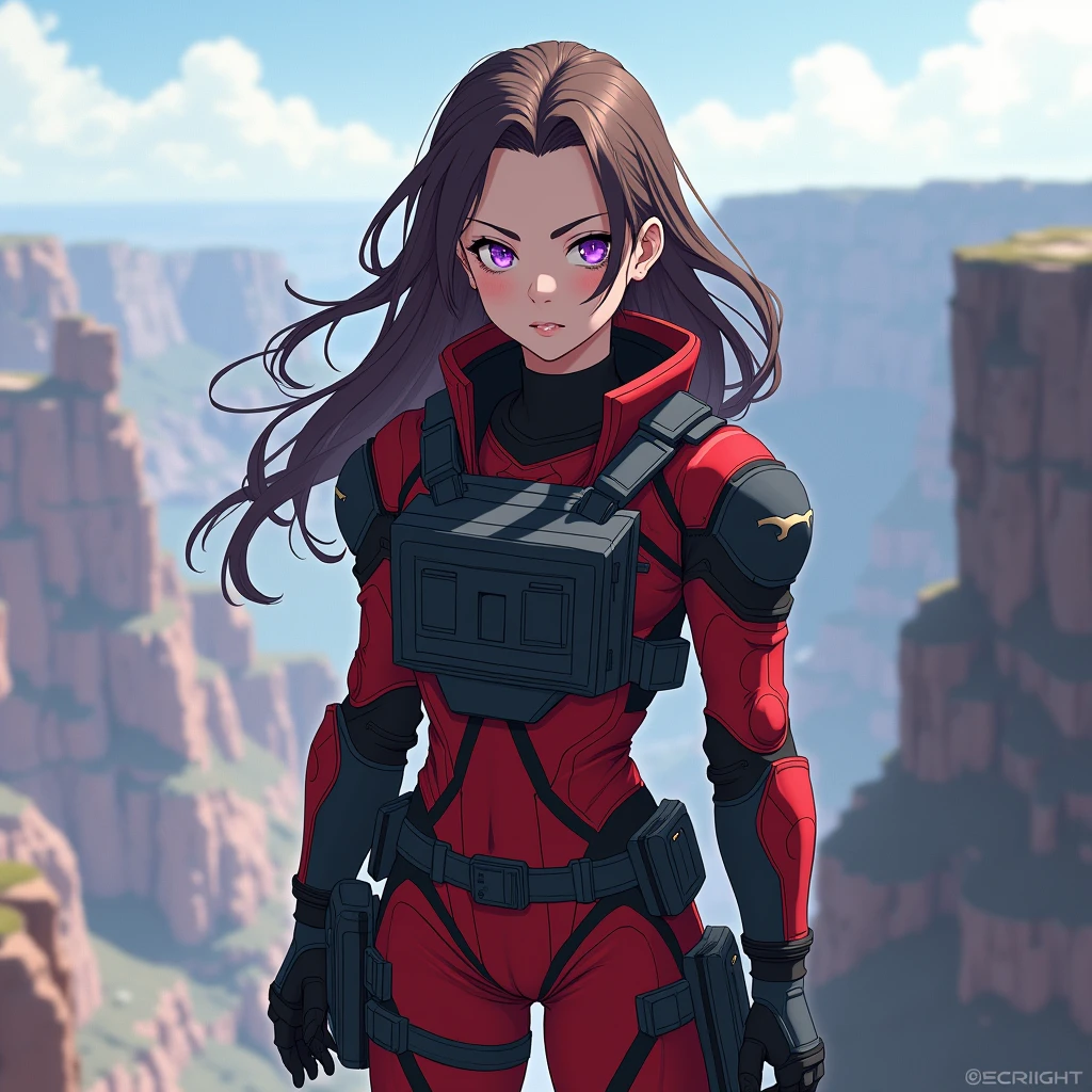 Girl, brown hair, purple eyes, cool haircut, military outfit, red and black camouflage, bulletproof vest, in heavy armor, no helmet, tactical stance, at cliff, anime