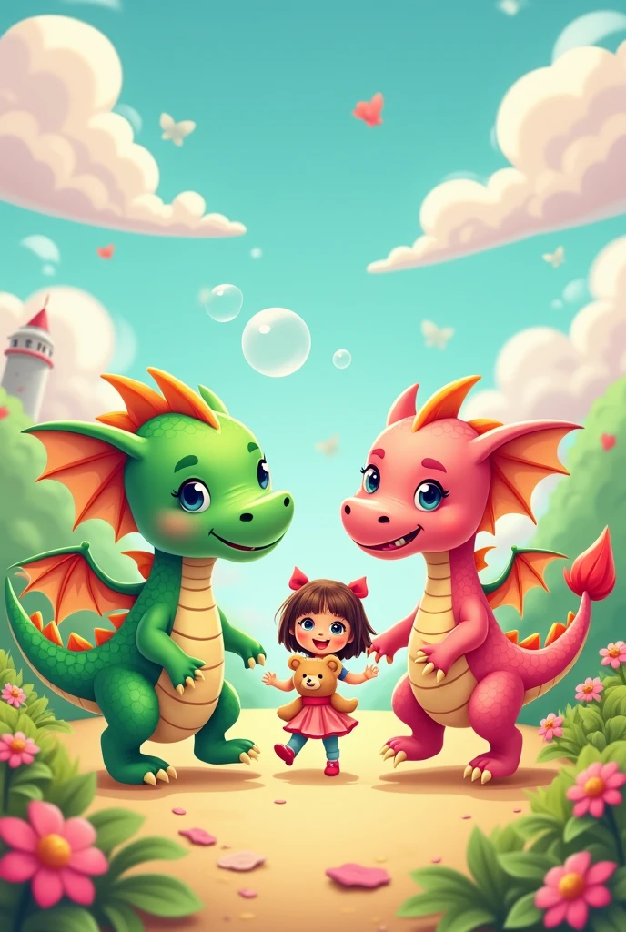 Green dragon cartoon with pink dragon, wants a doll holding a teddy bear, running around.