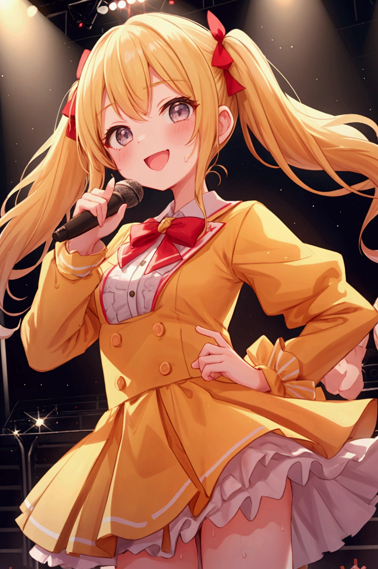 Girl、Blonde、Twin tails、Idol、Idol衣装、Microphone in one hand、Concert Stage、In the spotlight、Finger pointing pose、Sweat、Slanted Eyes、smile、Laughing with your mouth open