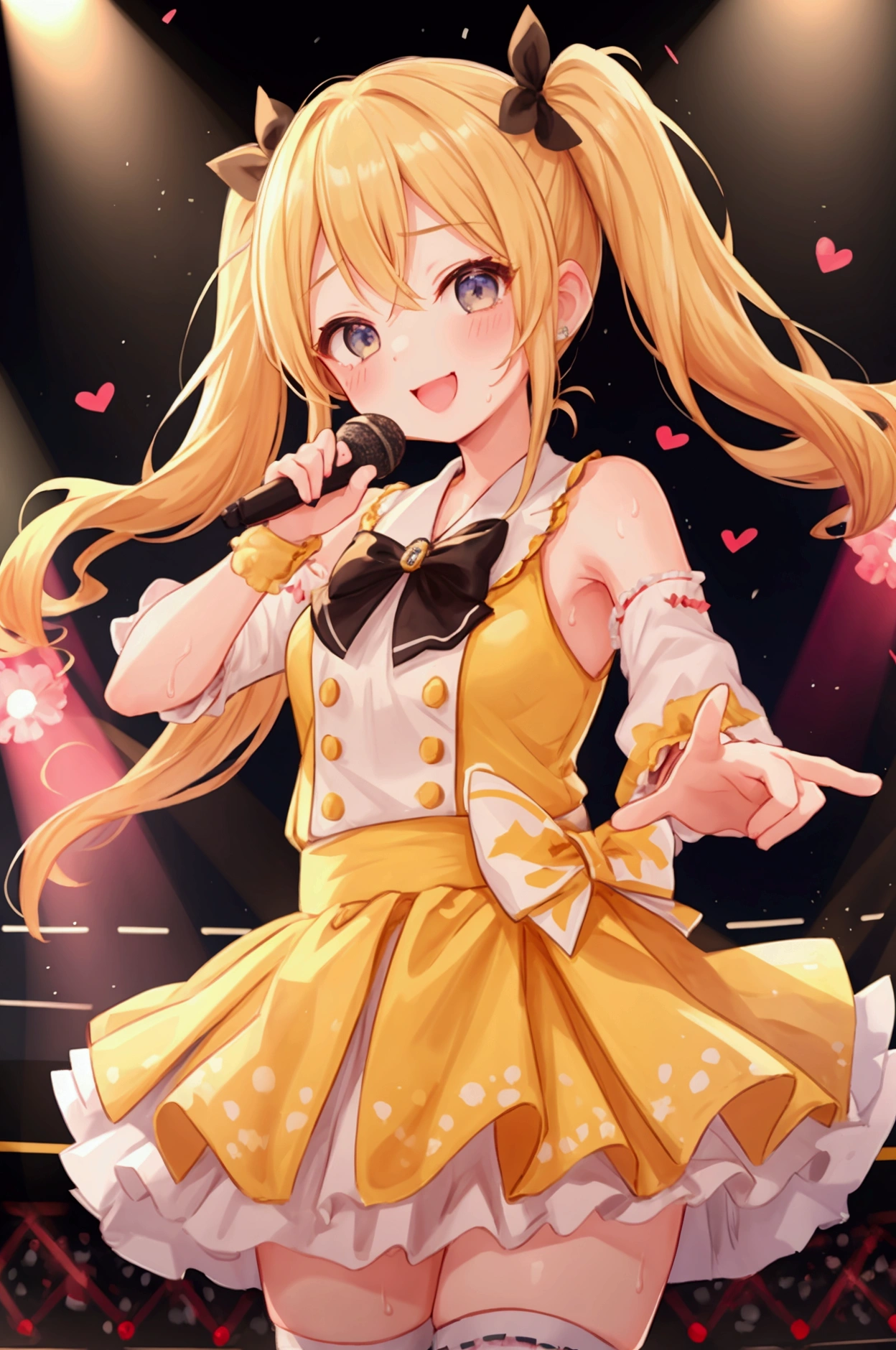 Girl、Blonde、Twin tails、Idol、Idol衣装、Microphone in one hand、Concert Stage、In the spotlight、Finger pointing pose、Sweat、Slanted Eyes、smile、Laughing with your mouth open