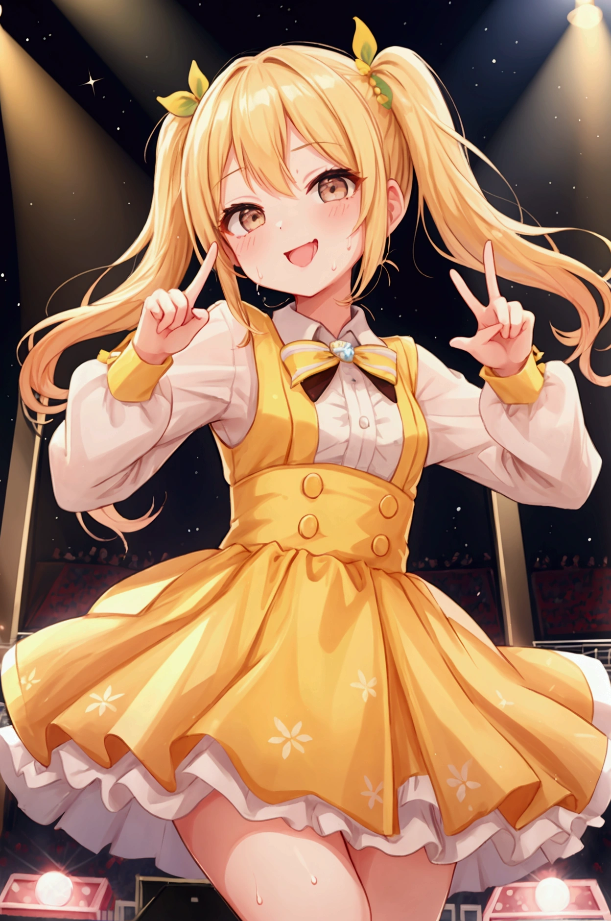 Girl、Blonde、Twin tails、Idol、Idol衣装、Microphone in one hand、Concert Stage、In the spotlight、Finger pointing pose、Sweat、Slanted Eyes、smile、Laughing with your mouth open