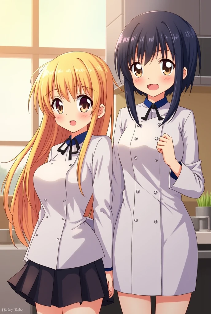 (1 girl: 1.3), (anime Girl: 1.3), (standing together: 1.3), (big eyes: 1.2), splash art anime Lolita, blonde anime girl with long hair, (brunette anime girl with short hair: 1.5), smooth anime CG art, animation art wallpaper 8k, 4k comic wallpaper, (small boobs: 1.3), (small boobs: 1.3), (in chef uniform: 1.3)
