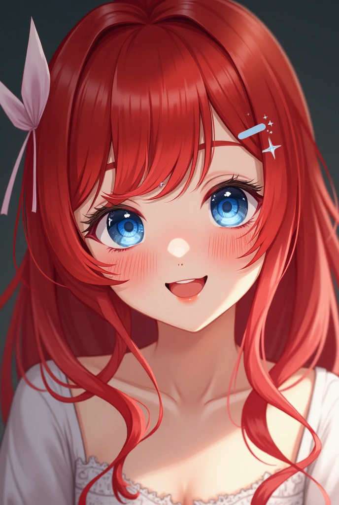 One person, solo, High resolution, chest, Gaze, smile, Blushing, Open your mouth, blue eyes, Red hair, Shiny Hair, Parted bangs, Half-up hairstyle, Deco bangs, masterpiece, Textured skin, Sparkle Effect,