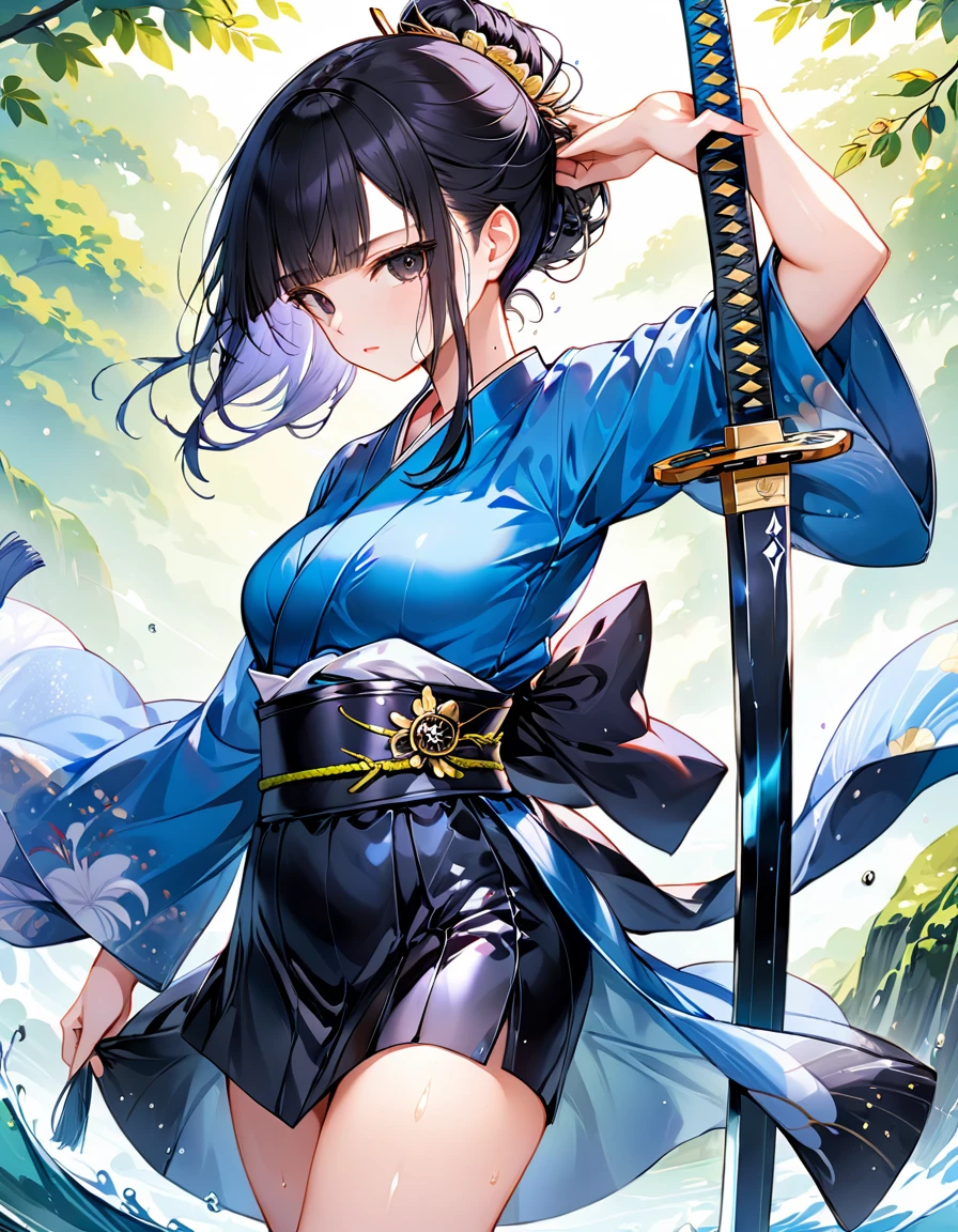 One young and beautiful woman,(Highest quality,Extremely detailed depiction,Incredibly absurd high resolution,Anatomically accurate depiction,Nice hands,Perfect Fingers,Curvy Legs,Shiny skin),(Anime samurai girl:1.5),(Blue kimono,Black Hakama,A sword is hanging from his waist),eyelash,(Black Eyes,Black Hair,Half-closed eyes:1.3,Sweat,whole body,Riversideに腰を下ろして魚釣りをしている:1.5,),Anime Art,Side view,background:Riverside,Natural Light