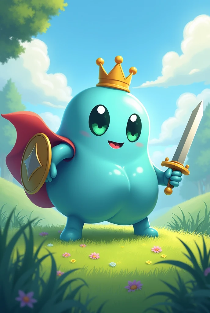 Big slime、Loose、light blue、Puyo Puyo、grassland、Bouncing、equip sword and shield、Big Eyes、crown、Cape