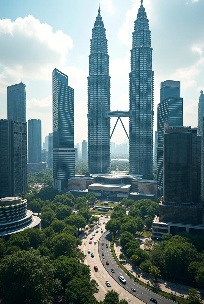Create me a very cool town that is in Malaysia but there's a lot of solar panels that are powering the huge tall and small buildings with the twin Petronas towers in the middle and make the cars a little bit futuristic and make the houses more modern futuristic