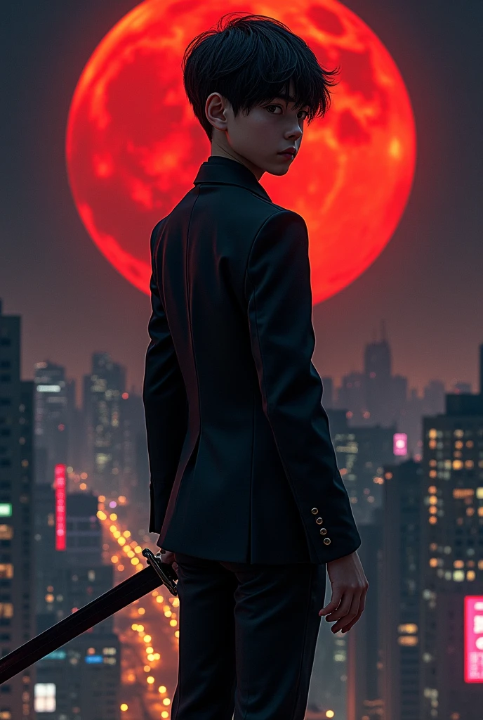Show me an hyperrealism picture of a 1 boy with a slim body, wearing a black tight suit and holding a sword, as he turns his back with the city at night in the background, featuring a red, round moon.