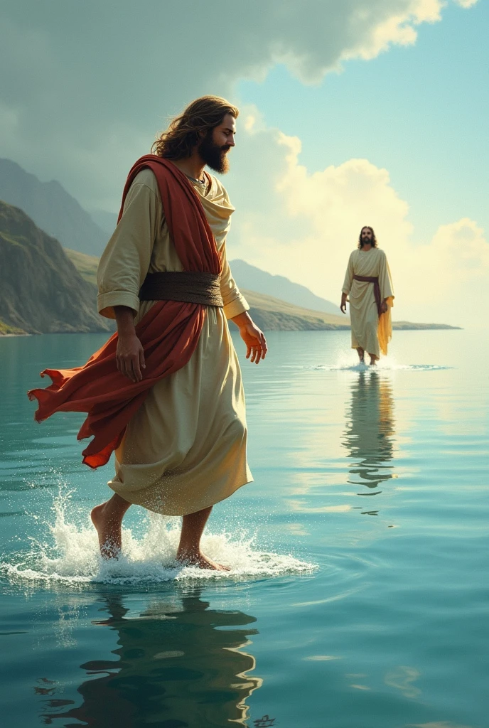 Create a drawing illustration of adult Peter going to meet adult Jesus on the water