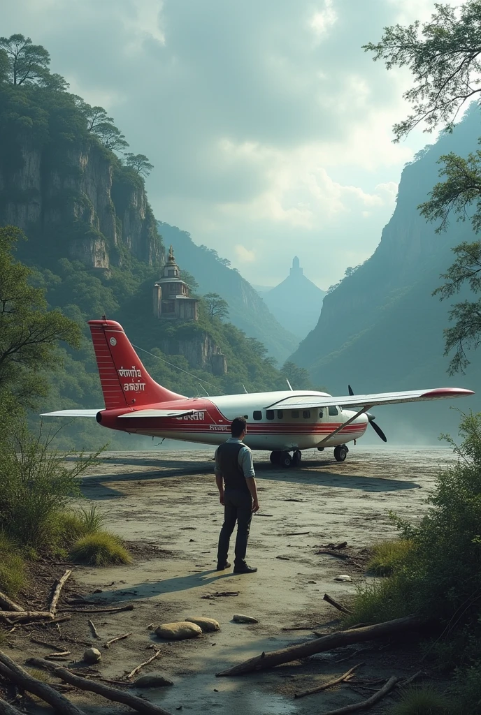 A small red-and-white plane crashed in the area of a Thai temple on a mountain. The pilot was injured. Little stood in front of the plane. in mobile radio The right shoe is torn. There were long plane skid marks on the ground. The sky was cloudy, the wind was blowing hard, and tree branches fell on the plane
