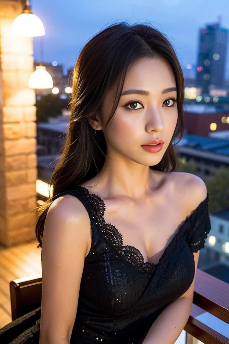 Dark brown hair、Light brown eyes、Japanese actress、 Lady、I am about 40 years old...、(Intricate details:1.2)、(Which is higher???:1.4)、 (Ultra-high resolution:1.2)、Ultra-high resolution、(Fine-tune)、(Detailed facial features)、Hmph、8k resolution、D cup size breasts、Long Hair、Rooftop Bar、Night view、Extravagant space、relax、、,Full body photo、Head to toe shot、Beautiful feet、black dress、Beautiful feet、she, Fashion Hub, Extremely detailed, Very detailed, Realistic, Hourglass Shaped Body, Obscene pose,、、私 cry a lot、tears、diagonally from below、please lift your chin、Press your butt against the wall、relaxした表情、Pose of Weakness、(auraroid photo:1.2)、From outside the window、A masterpiece of transparent painting、8k、32K、Highest quality、(Details of both eyes)、1 person、elegant、(One Shoulder Top :1.4)、Night view。(Low - Angle、Look up and look at me:1.2)、Hilarious、Looking into the camera、Turn around and show me the back of the red rose、View here、Looking at the camera、Side angle、