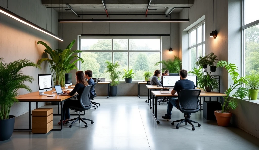 High-quality photograph of a web development studio with a modern minimalist design. The interior includes concrete, tree and plants. A couple of tables with monitors and chairs. Programmers and designers are at their workplaces.