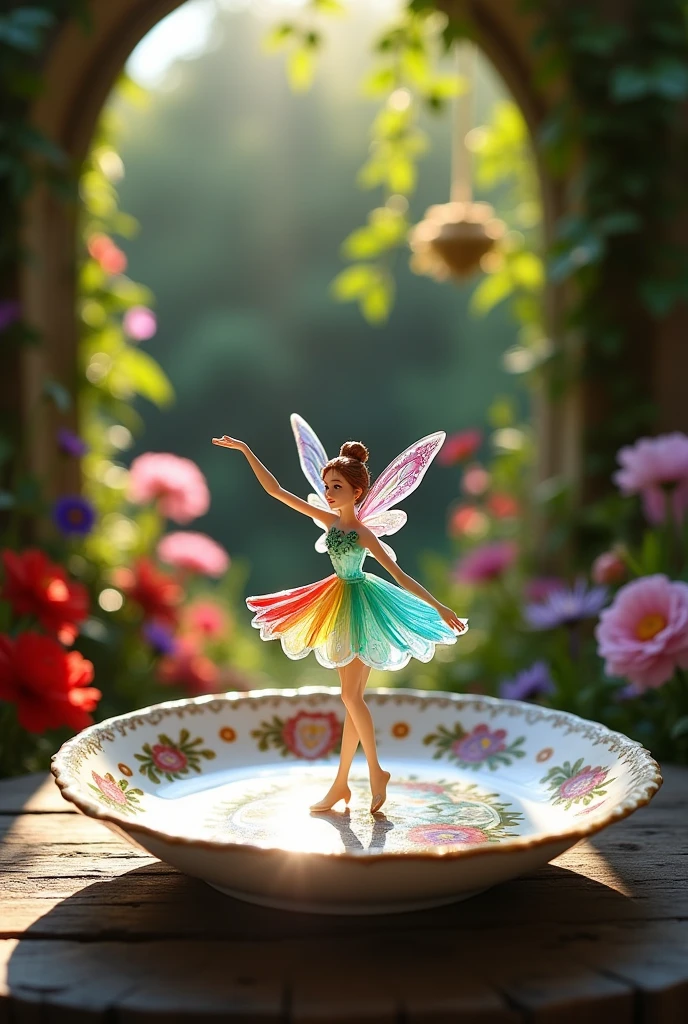 A delicate miniature girl-like figure, fashioned from colorful glass, twirling on an intricately painted porcelain plate, set in a quaint, fairy- tale garden with vibrant flowers and ivy- covered walls. The plate's ornate designs add a touch of elegance, while the garden blooms in a riot of colors, illuminated by soft, dappled sunlight. The figure's pose exudes grace and enchantment, with reflections of light playing off the glass to create a mesmerizing effect. Created Using: fairy-tale aesthetics, close-up photography, vibrant color palette, soft focus, detailed craftsmanship, hd quality, natural look -ar 16:9